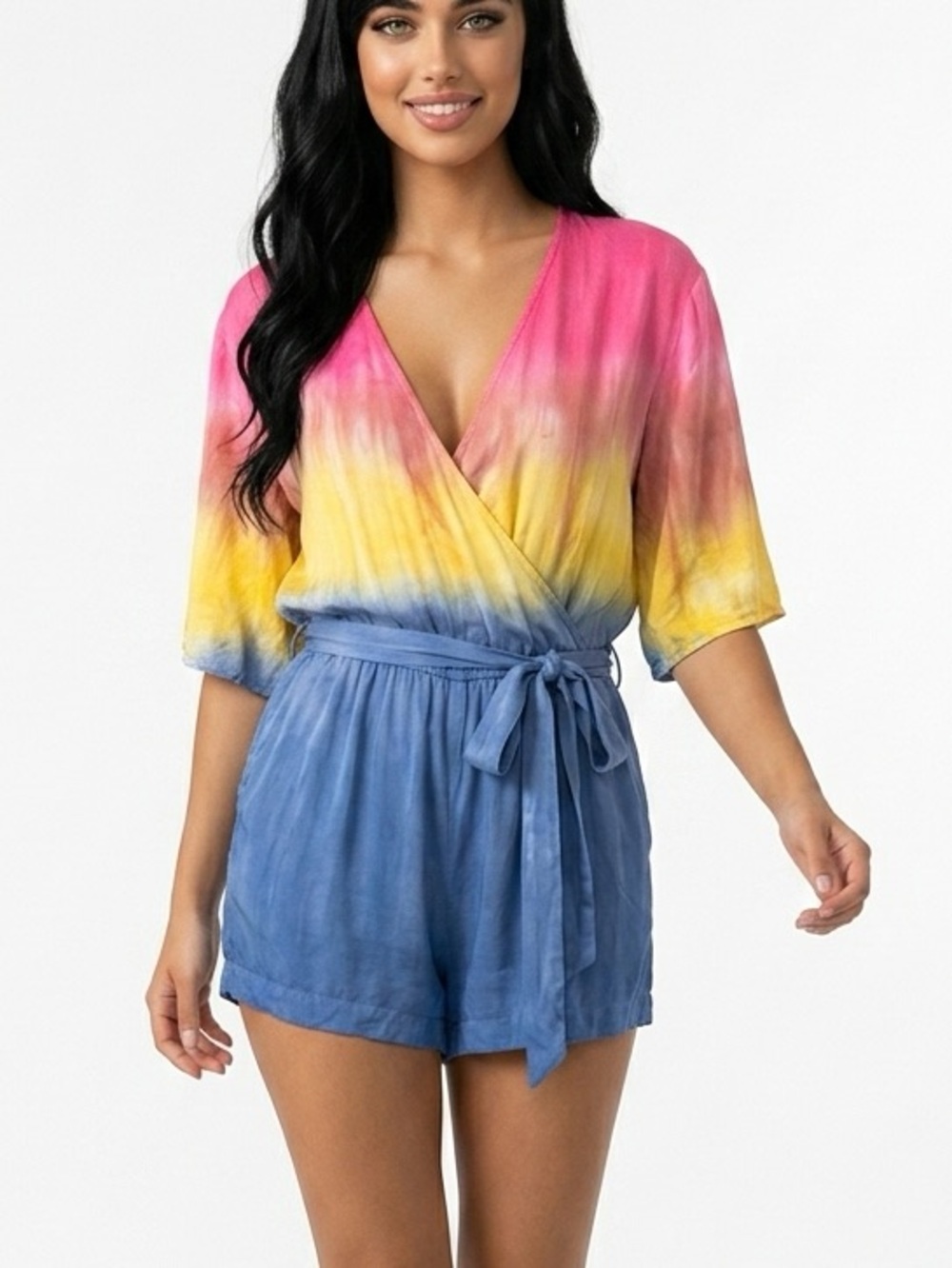 Chaser Women’s wrap tie dye pastel rainbow romper‎ size S V neck belted waist